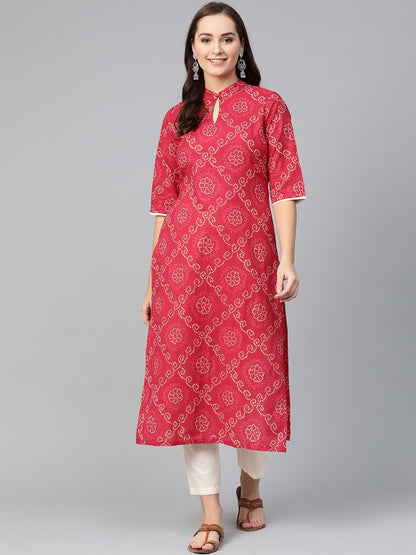 Red Bandhani Printed Kurta With Solid Cream Pants | LASVINI - Redefining Indian Fashion with Elegance