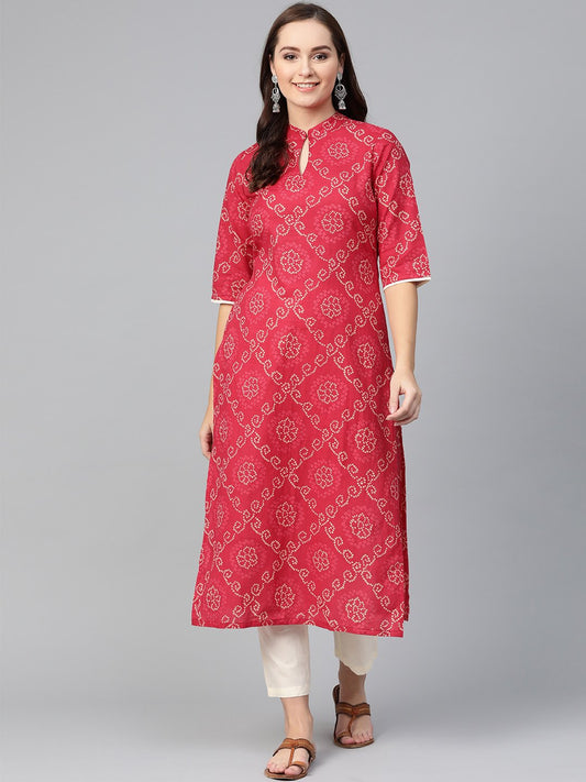 Red Bandhani Printed Kurta With Solid Cream Pants | LASVINI - Redefining Indian Fashion with Elegance