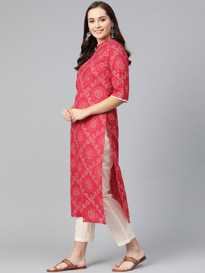 Red Bandhani Printed Kurta With Solid Cream Pants | LASVINI - Redefining Indian Fashion with Elegance