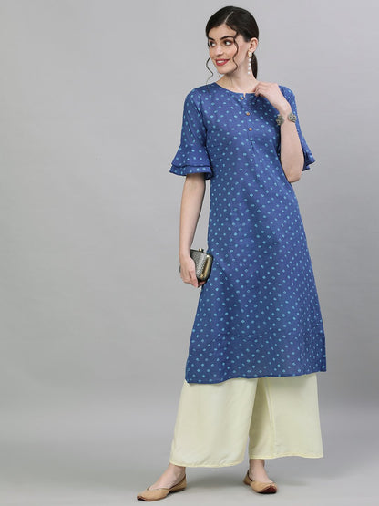 Women Blue Printed A-Line Kurta | LASVINI - Redefining Indian Fashion with Elegance