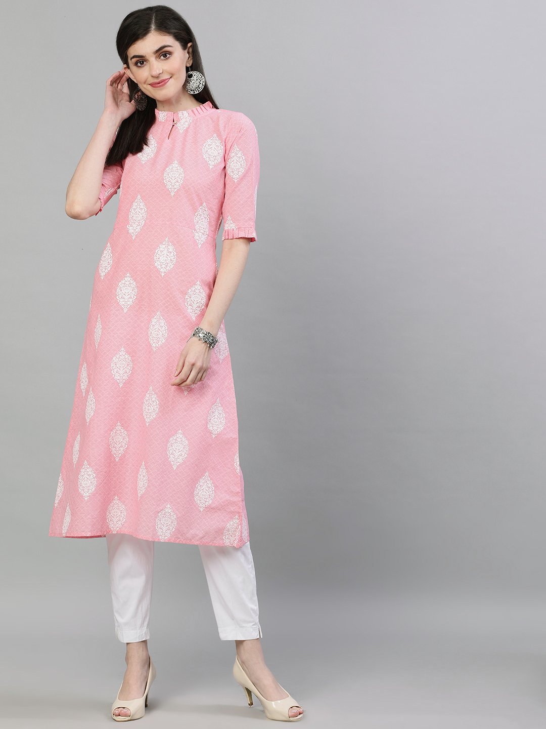 Women Pink & White Printed Straight Kurta | LASVINI - Redefining Indian Fashion with Elegance
