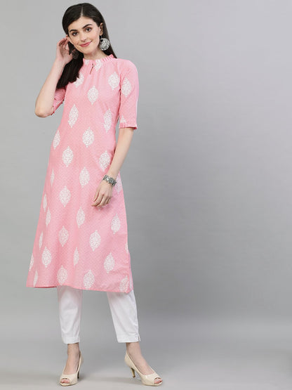 Women Pink & White Printed Straight Kurta | LASVINI - Redefining Indian Fashion with Elegance