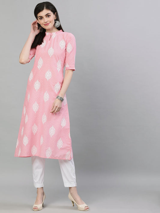 Women Pink & White Printed Straight Kurta | LASVINI - Redefining Indian Fashion with Elegance