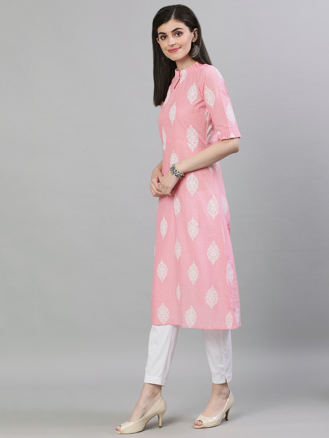 Women Pink & White Printed Straight Kurta | LASVINI - Redefining Indian Fashion with Elegance