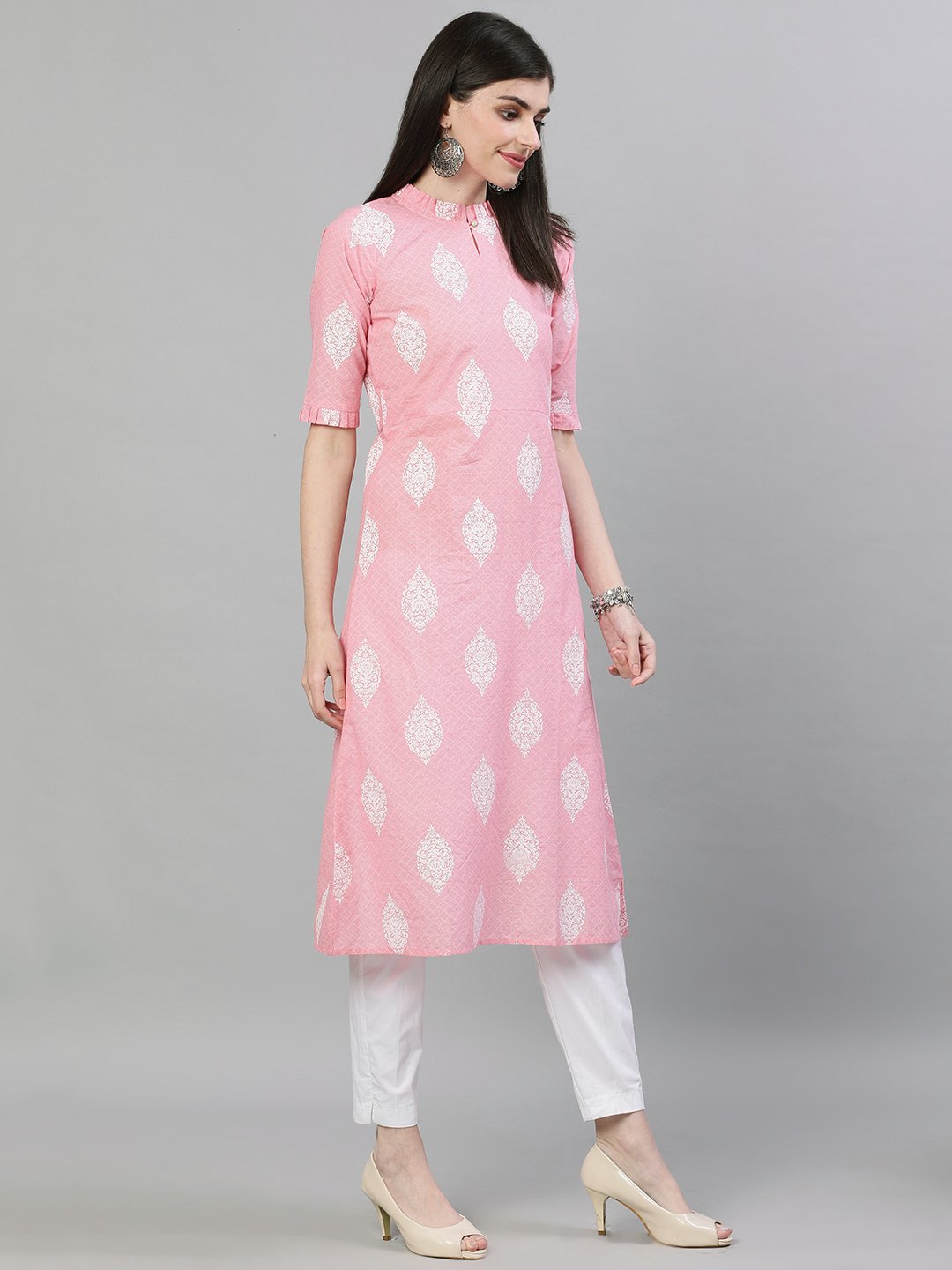 Women Pink & White Printed Straight Kurta | LASVINI - Redefining Indian Fashion with Elegance