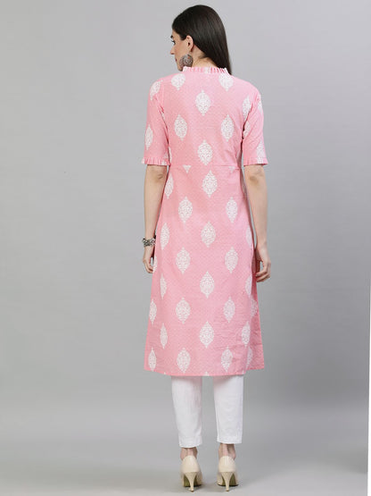 Women Pink & White Printed Straight Kurta | LASVINI - Redefining Indian Fashion with Elegance