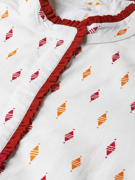 Off White With Multi Colored Geometric Print Kurta With Detailed Collar And Placket With Solid Maroon Pallazo | LASVINI - Redefining Indian Fashion with Elegance