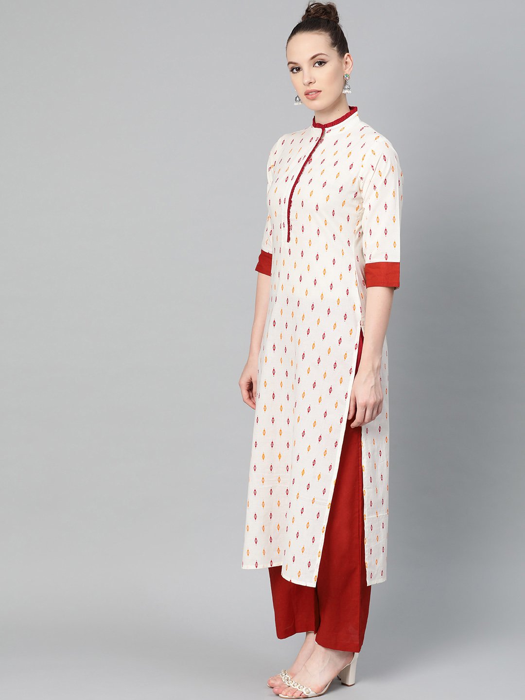 Off White With Multi Colored Geometric Print Kurta With Detailed Collar And Placket With Solid Maroon Pallazo | LASVINI - Redefining Indian Fashion with Elegance