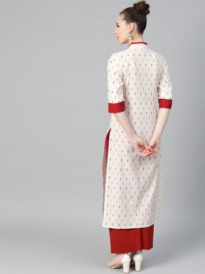 Off White With Multi Colored Geometric Print Kurta With Detailed Collar And Placket With Solid Maroon Pallazo | LASVINI - Redefining Indian Fashion with Elegance