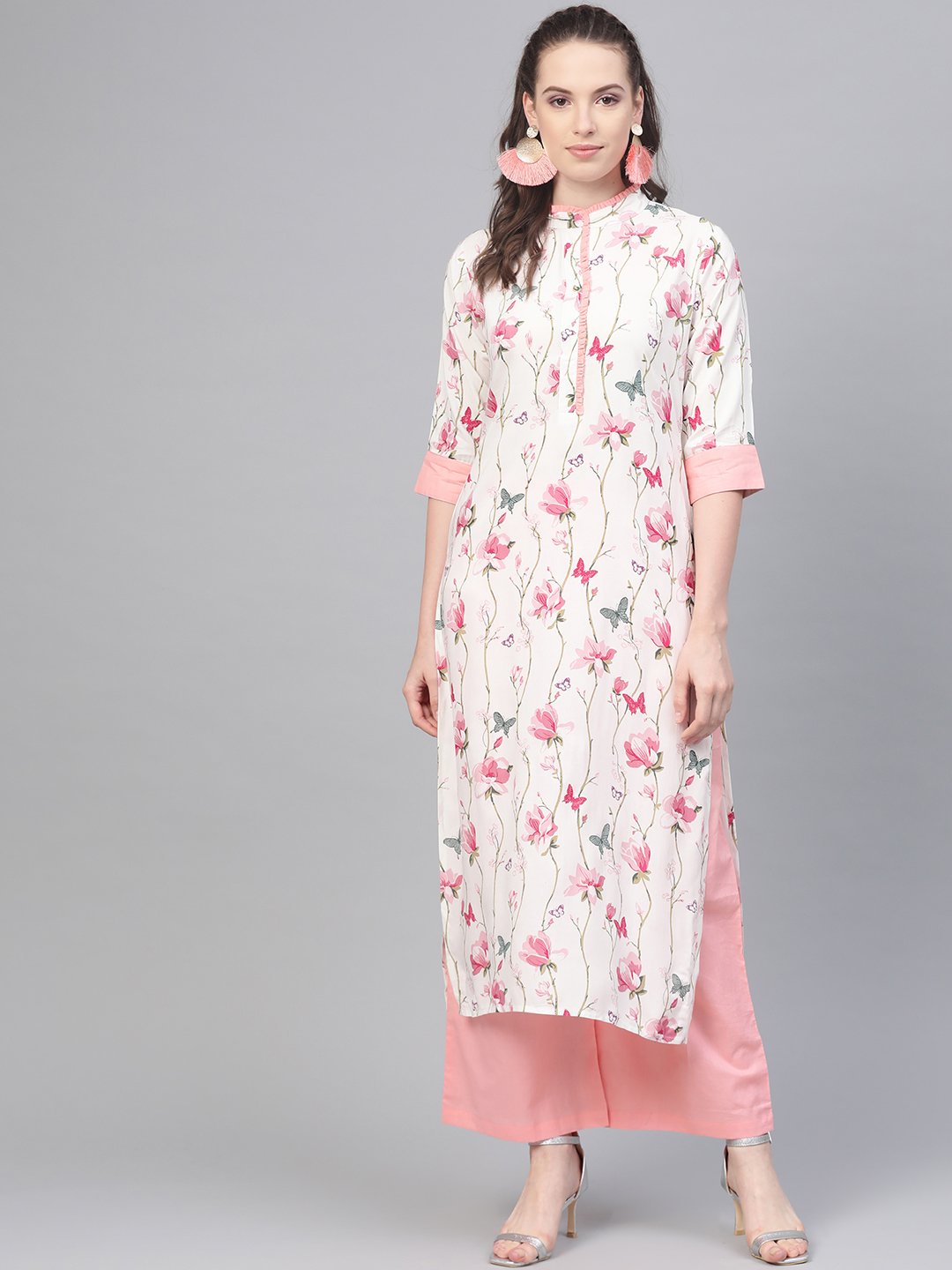 Off White Multi Colored Floral Kurta With Collar And Placket Detailing With Solid Light Pink Pallazos | LASVINI - Redefining Indian Fashion with Elegance