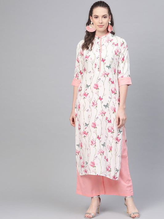 Off White Multi Colored Floral Kurta With Collar And Placket Detailing With Solid Light Pink Pallazos | LASVINI - Redefining Indian Fashion with Elegance