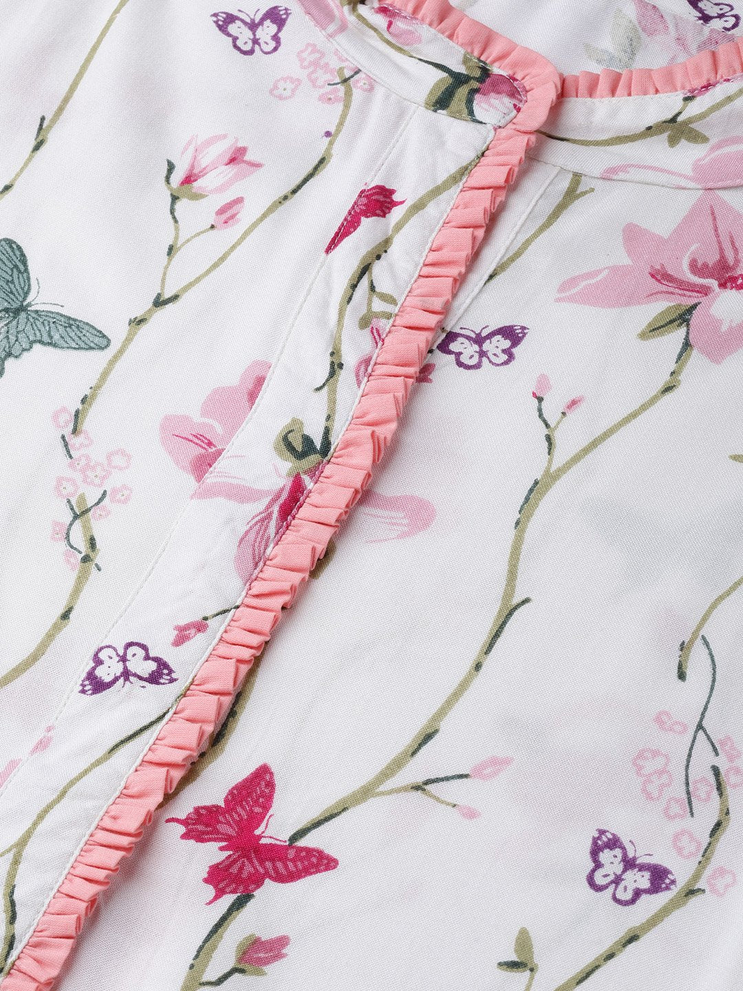 Off White Multi Colored Floral Kurta With Collar And Placket Detailing With Solid Light Pink Pallazos | LASVINI - Redefining Indian Fashion with Elegance