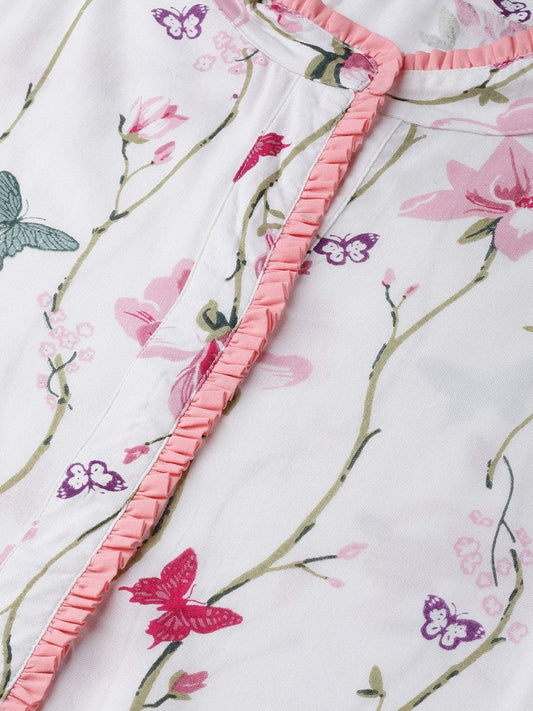 Off White Multi Colored Floral Kurta With Collar And Placket Detailing With Solid Light Pink Pallazos | LASVINI - Redefining Indian Fashion with Elegance