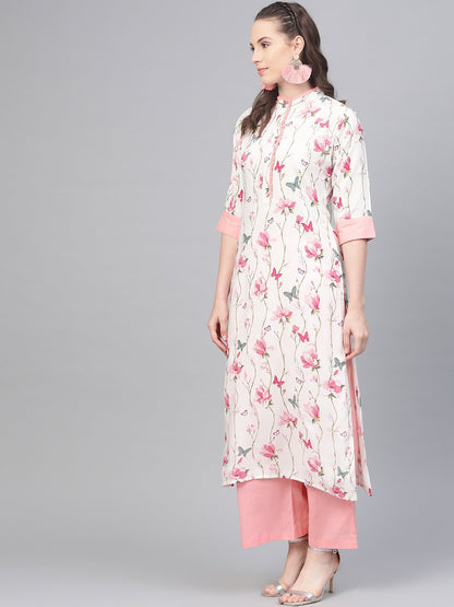 Off White Multi Colored Floral Kurta With Collar And Placket Detailing With Solid Light Pink Pallazos | LASVINI - Redefining Indian Fashion with Elegance