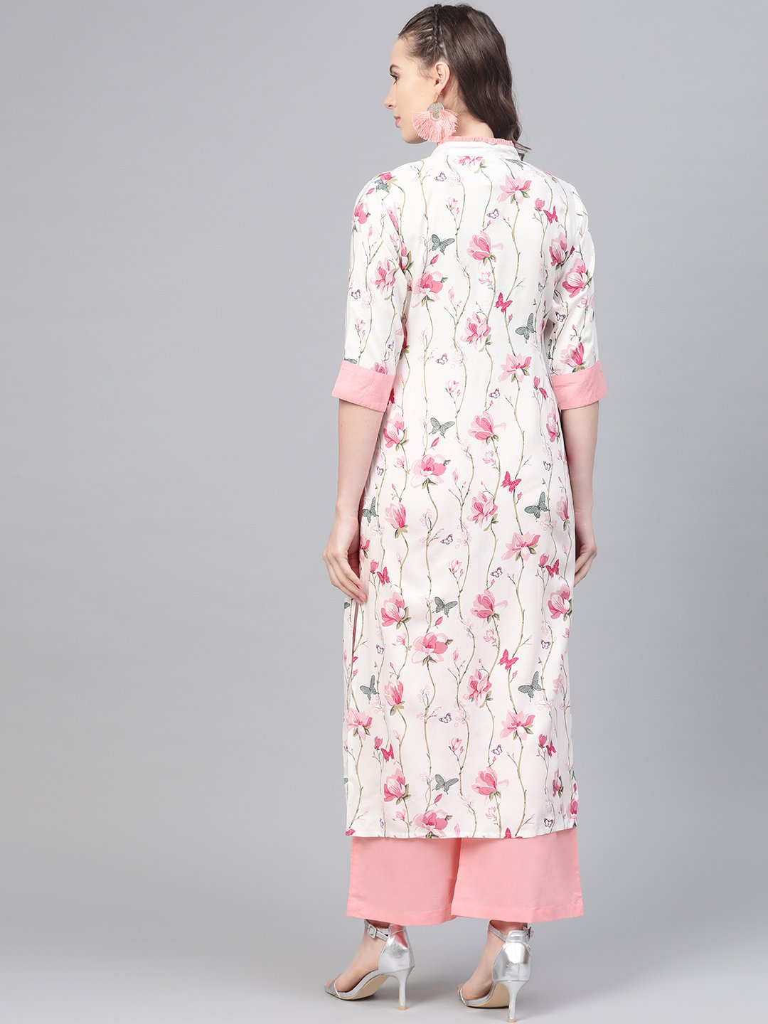 Off White Multi Colored Floral Kurta With Collar And Placket Detailing With Solid Light Pink Pallazos | LASVINI - Redefining Indian Fashion with Elegance