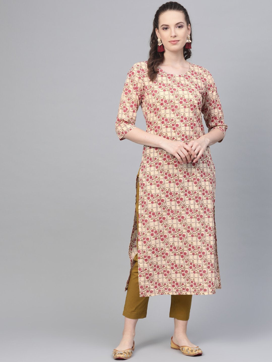 Cream & Multi Floral Printed Kurta With Solid Olive Green Pants | LASVINI - Redefining Indian Fashion with Elegance