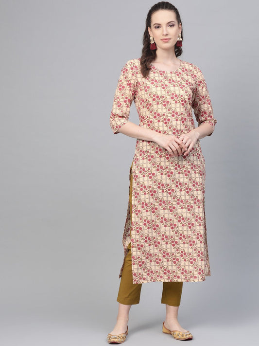 Cream & Multi Floral Printed Kurta With Solid Olive Green Pants | LASVINI - Redefining Indian Fashion with Elegance