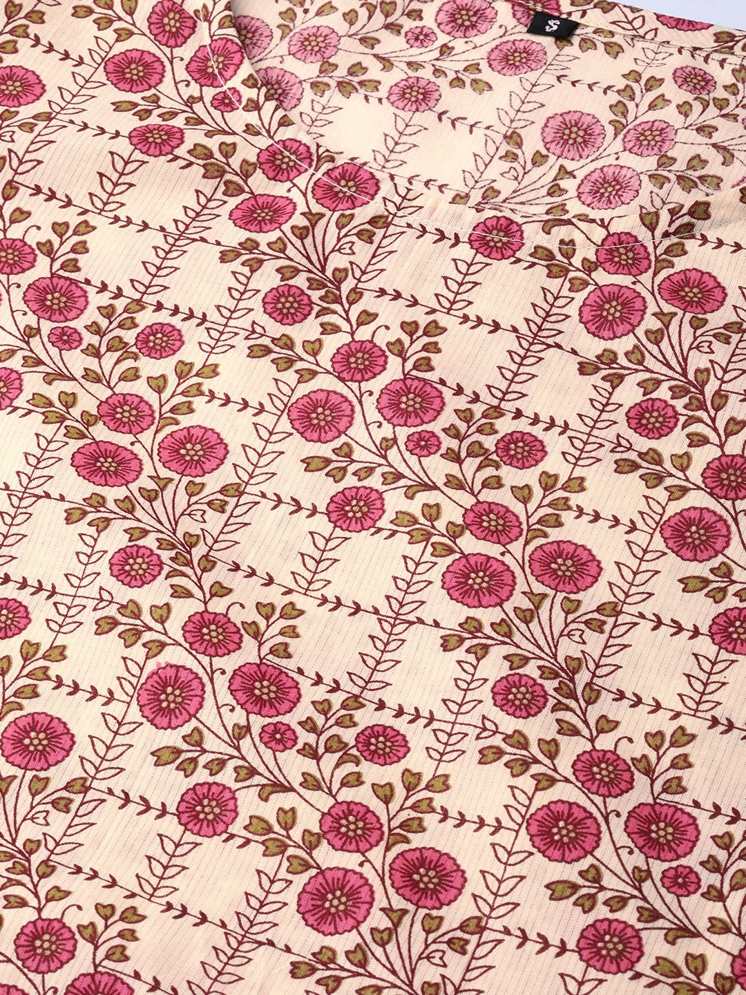 Cream & Multi Floral Printed Kurta With Solid Olive Green Pants | LASVINI - Redefining Indian Fashion with Elegance