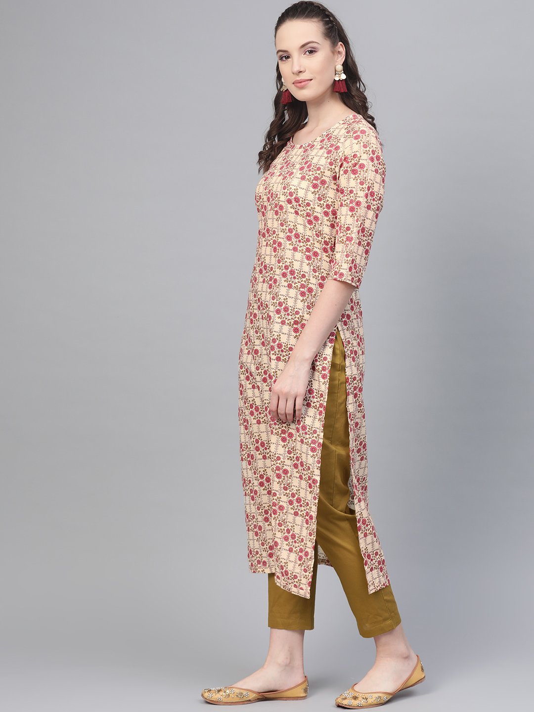 Cream & Multi Floral Printed Kurta With Solid Olive Green Pants | LASVINI - Redefining Indian Fashion with Elegance