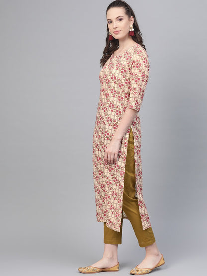 Cream & Multi Floral Printed Kurta With Solid Olive Green Pants | LASVINI - Redefining Indian Fashion with Elegance