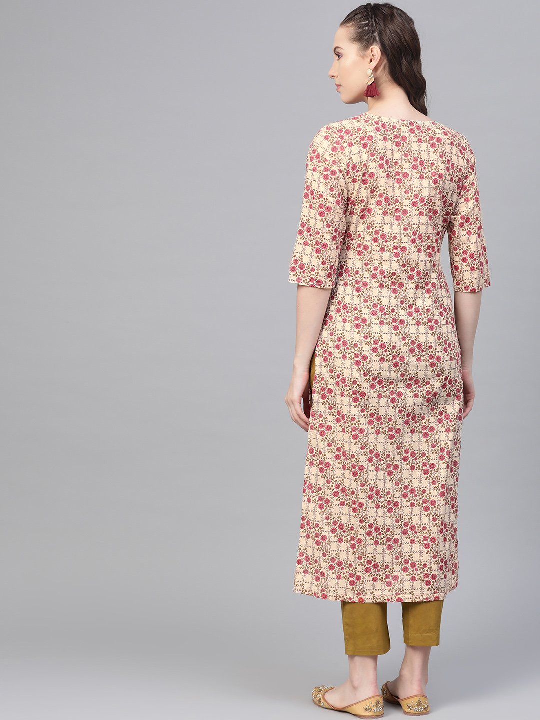 Cream & Multi Floral Printed Kurta With Solid Olive Green Pants | LASVINI - Redefining Indian Fashion with Elegance