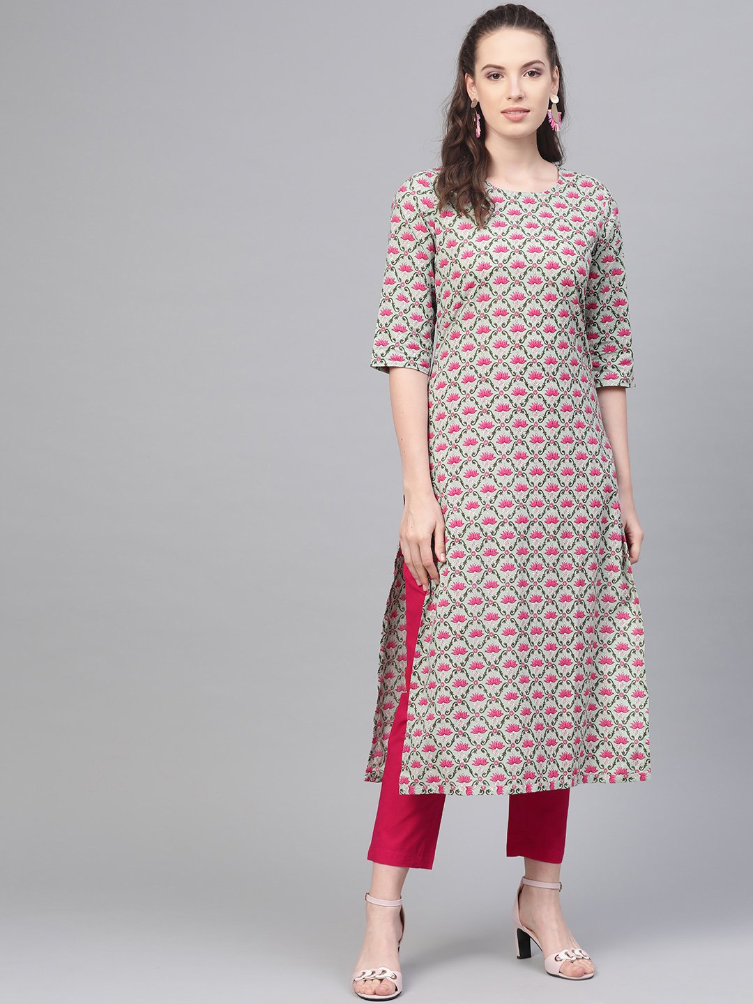 Pastel Green & Magenta Printed Straight Kurta With Pant | LASVINI - Redefining Indian Fashion with Elegance