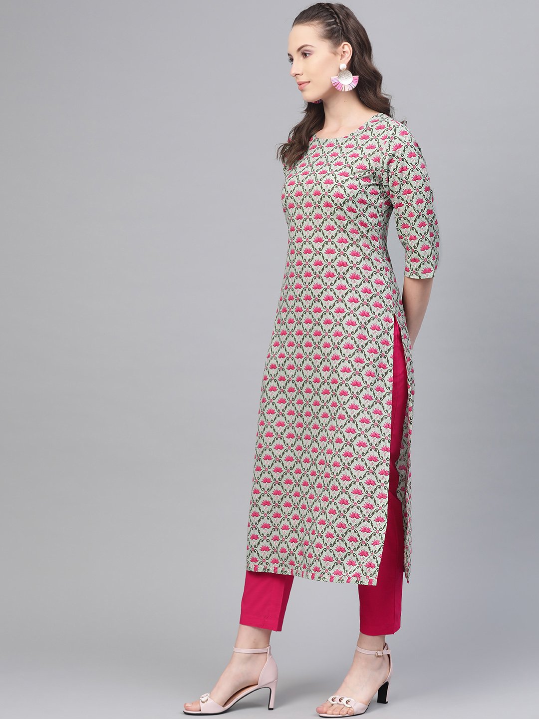 Pastel Green & Magenta Printed Straight Kurta With Pant | LASVINI - Redefining Indian Fashion with Elegance