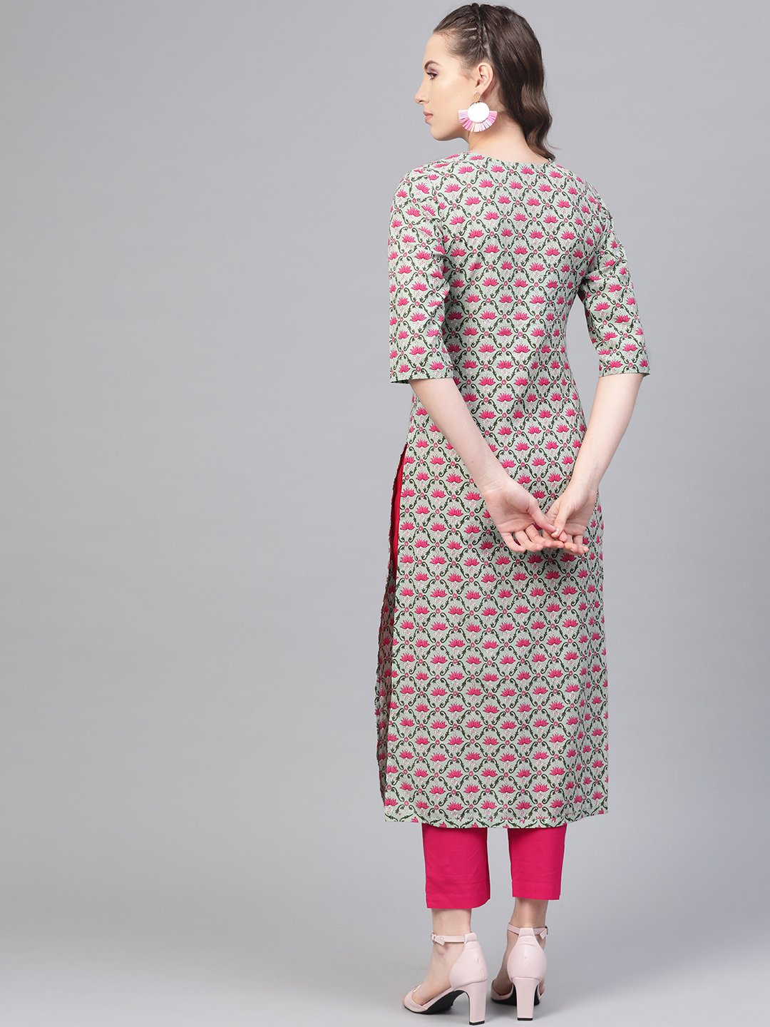 Pastel Green & Magenta Printed Straight Kurta With Pant | LASVINI - Redefining Indian Fashion with Elegance