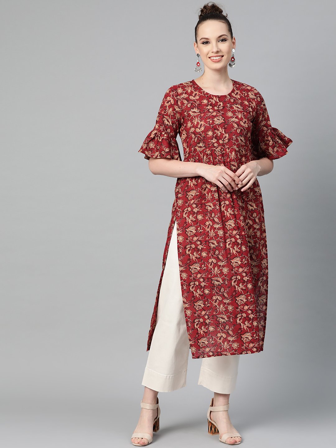 Maroon & Beige Printed A-Line Kurta With Round Flared Sleeves | LASVINI - Redefining Indian Fashion with Elegance