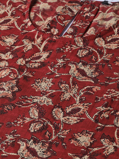 Maroon & Beige Printed A-Line Kurta With Round Flared Sleeves | LASVINI - Redefining Indian Fashion with Elegance