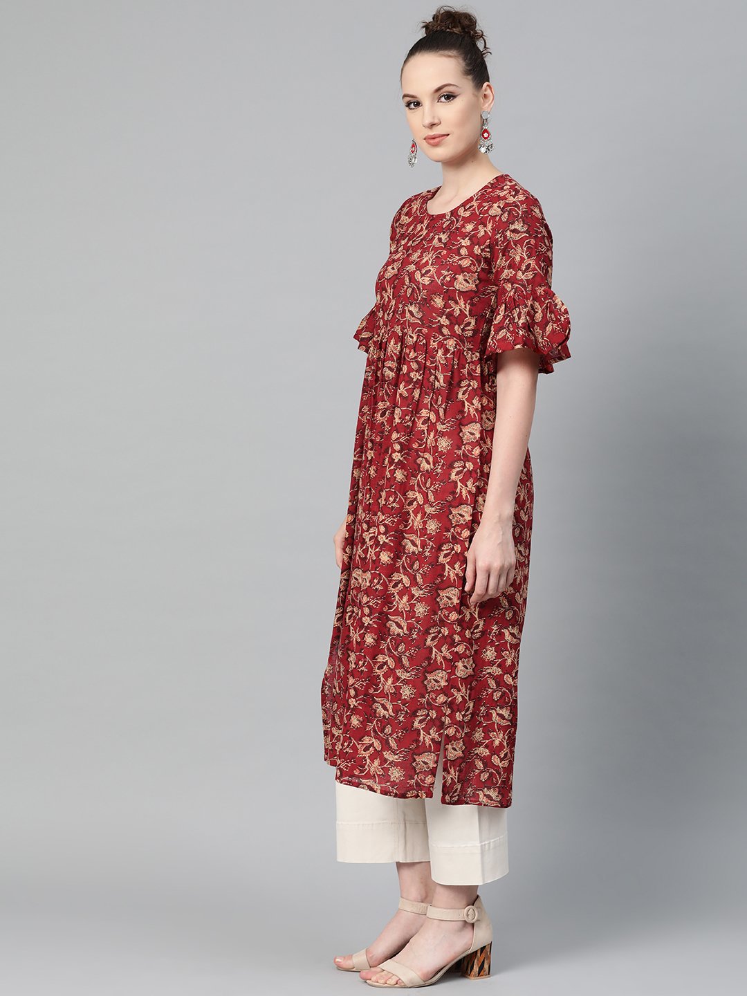 Maroon & Beige Printed A-Line Kurta With Round Flared Sleeves | LASVINI - Redefining Indian Fashion with Elegance