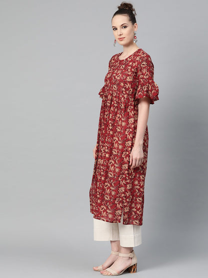 Maroon & Beige Printed A-Line Kurta With Round Flared Sleeves | LASVINI - Redefining Indian Fashion with Elegance