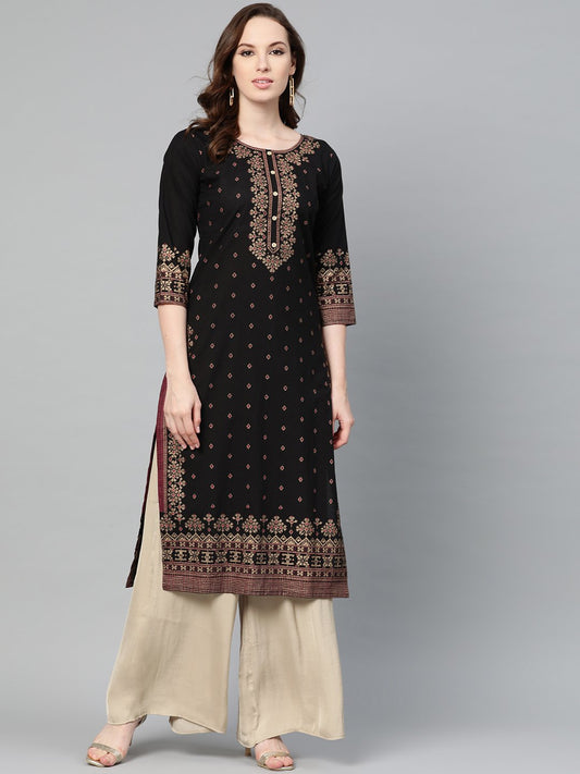 Black & Gold Geometric Printed Kurta With Round Neck & 3/4 Sleeves | LASVINI - Redefining Indian Fashion with Elegance