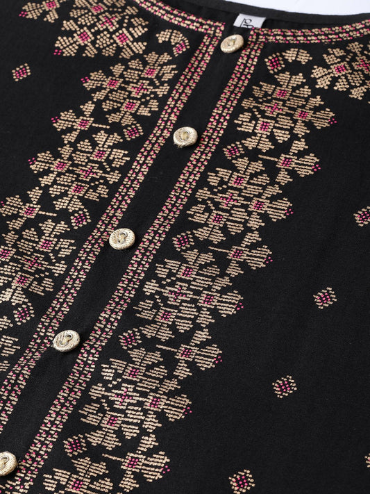 Black & Gold Geometric Printed Kurta With Round Neck & 3/4 Sleeves | LASVINI - Redefining Indian Fashion with Elegance