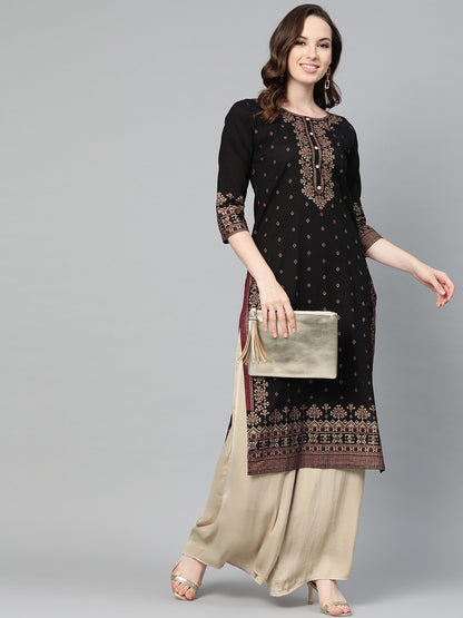 Black & Gold Geometric Printed Kurta With Round Neck & 3/4 Sleeves | LASVINI - Redefining Indian Fashion with Elegance