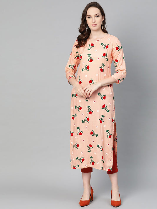 Peach Multi Colored Floral Printed Straight Kurta With Round Neck & 3/4 Sleeves | LASVINI - Redefining Indian Fashion with Elegance