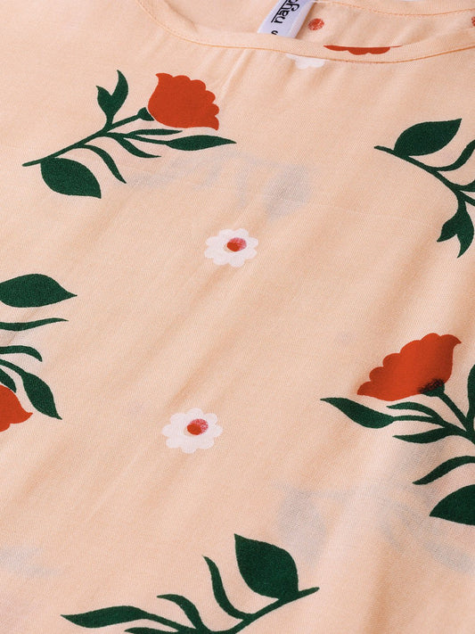 Peach Multi Colored Floral Printed Straight Kurta With Round Neck & 3/4 Sleeves | LASVINI - Redefining Indian Fashion with Elegance