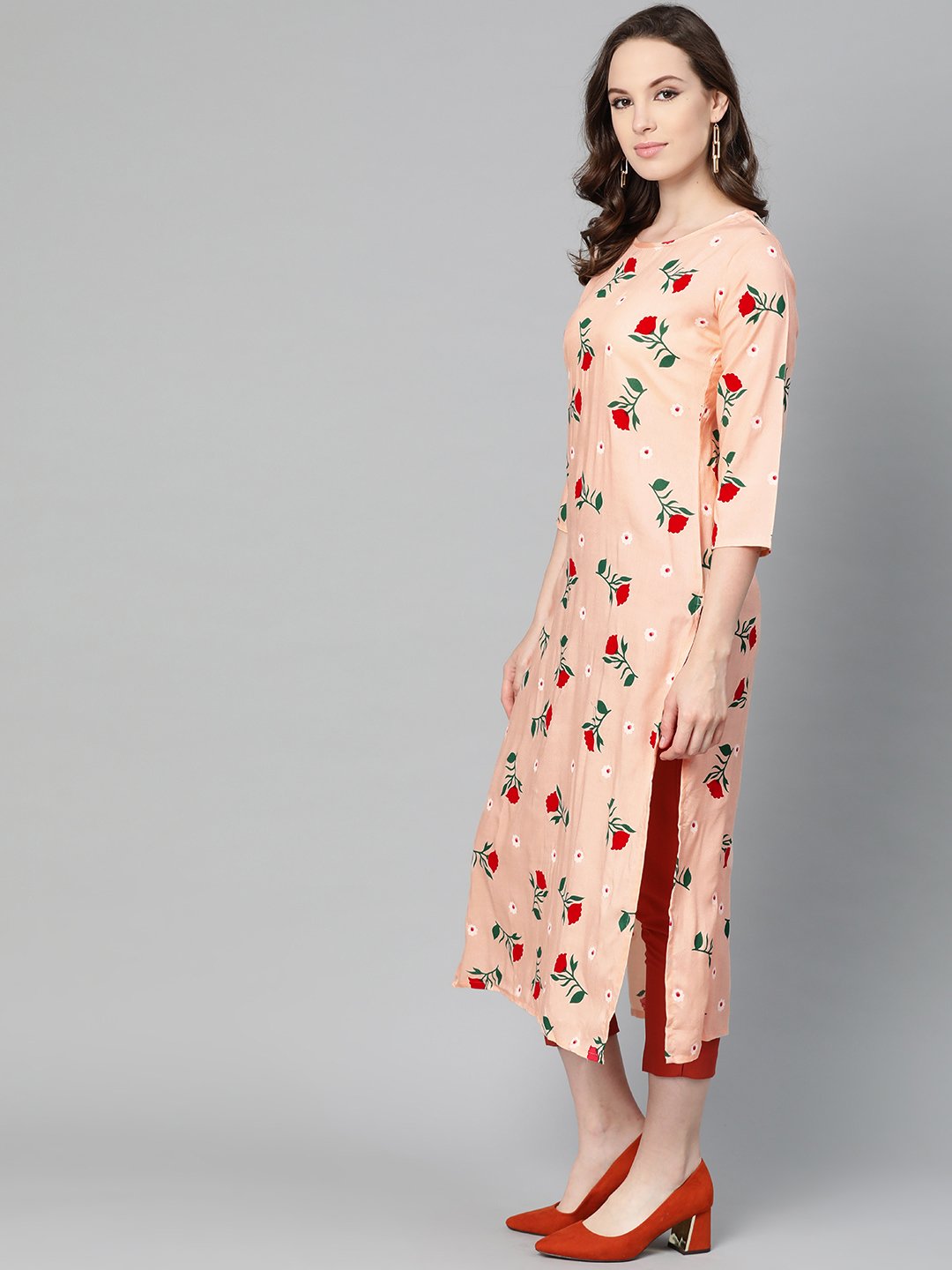 Peach Multi Colored Floral Printed Straight Kurta With Round Neck & 3/4 Sleeves | LASVINI - Redefining Indian Fashion with Elegance