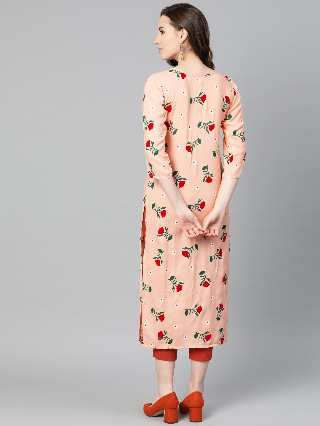 Peach Multi Colored Floral Printed Straight Kurta With Round Neck & 3/4 Sleeves | LASVINI - Redefining Indian Fashion with Elegance