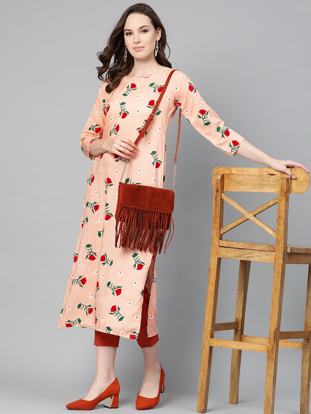 Peach Multi Colored Floral Printed Straight Kurta With Round Neck & 3/4 Sleeves | LASVINI - Redefining Indian Fashion with Elegance