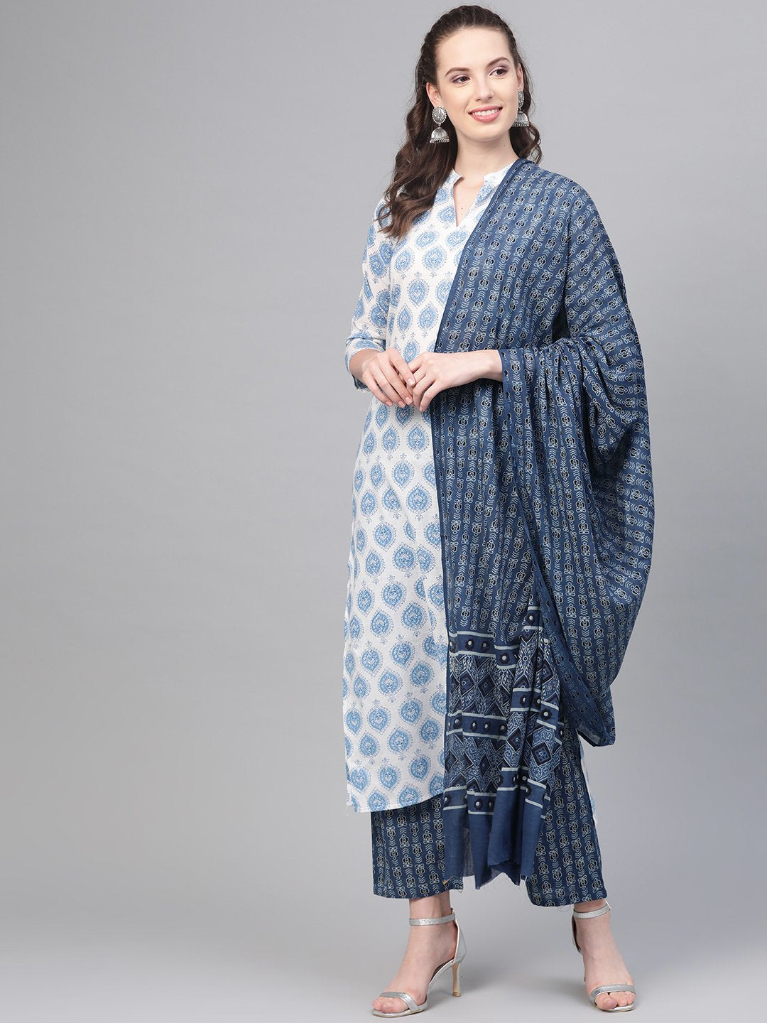 Off-White & Blue Printed Straight Kurta Set With Palazzo & Dupatta | LASVINI - Redefining Indian Fashion with Elegance