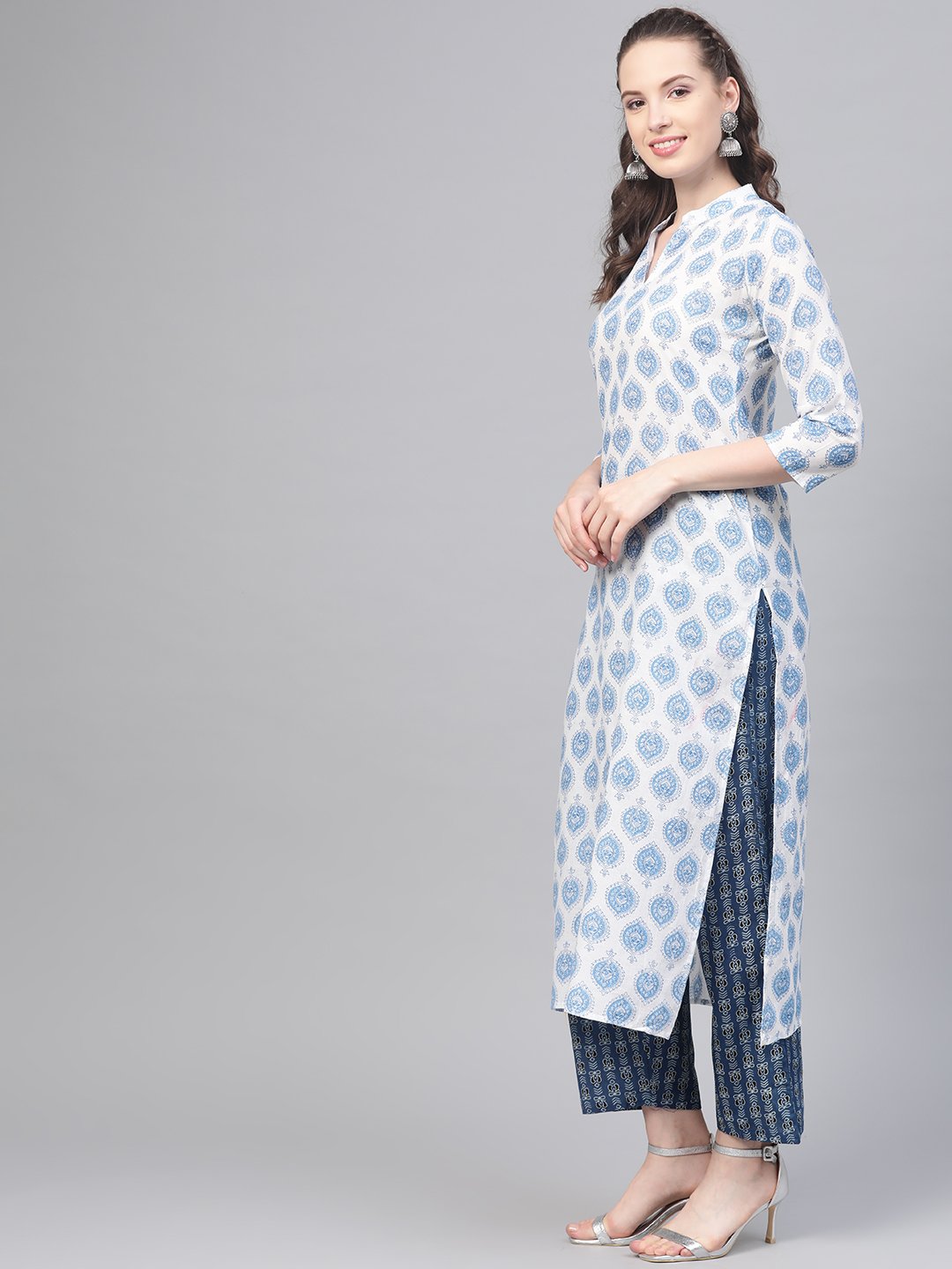 Off-White & Blue Printed Straight Kurta Set With Palazzo & Dupatta | LASVINI - Redefining Indian Fashion with Elegance