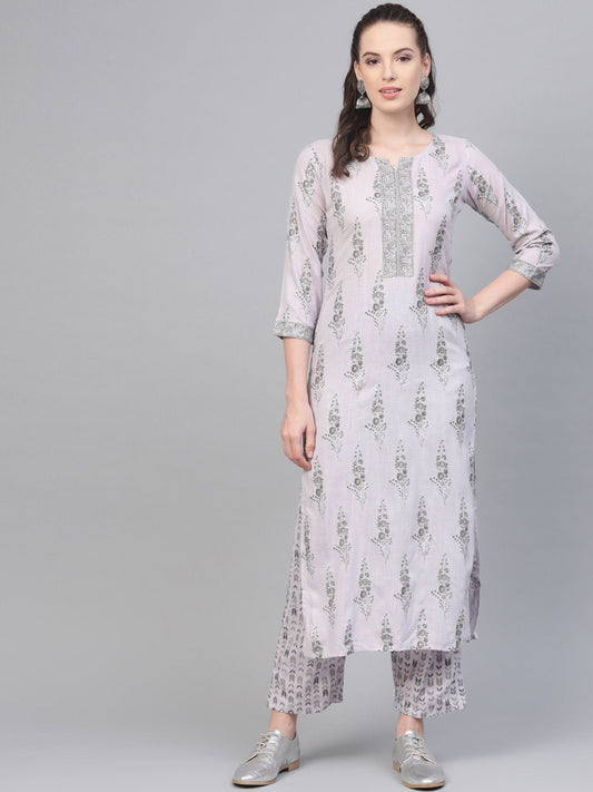 Fossil Grey Printed Kurta Set With Pant | LASVINI - Redefining Indian Fashion with Elegance