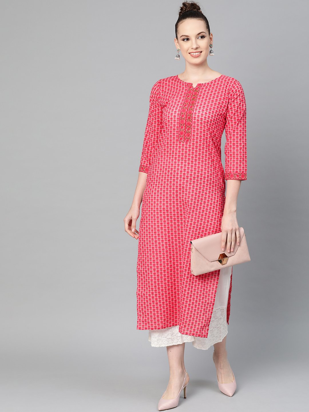 Pink Floral Printed Straight Kurta With Round With V & 3/4 Sleeves | LASVINI - Redefining Indian Fashion with Elegance