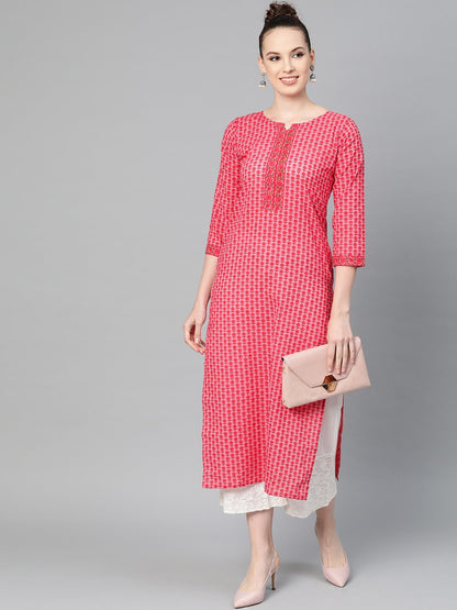 Pink Floral Printed Straight Kurta With Round With V & 3/4 Sleeves | LASVINI - Redefining Indian Fashion with Elegance