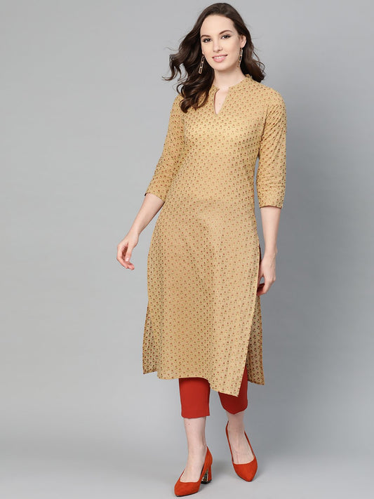 Yellow Printed Straight Kurta With Mandarin Collar With 3/4 Sleeves | LASVINI - Redefining Indian Fashion with Elegance