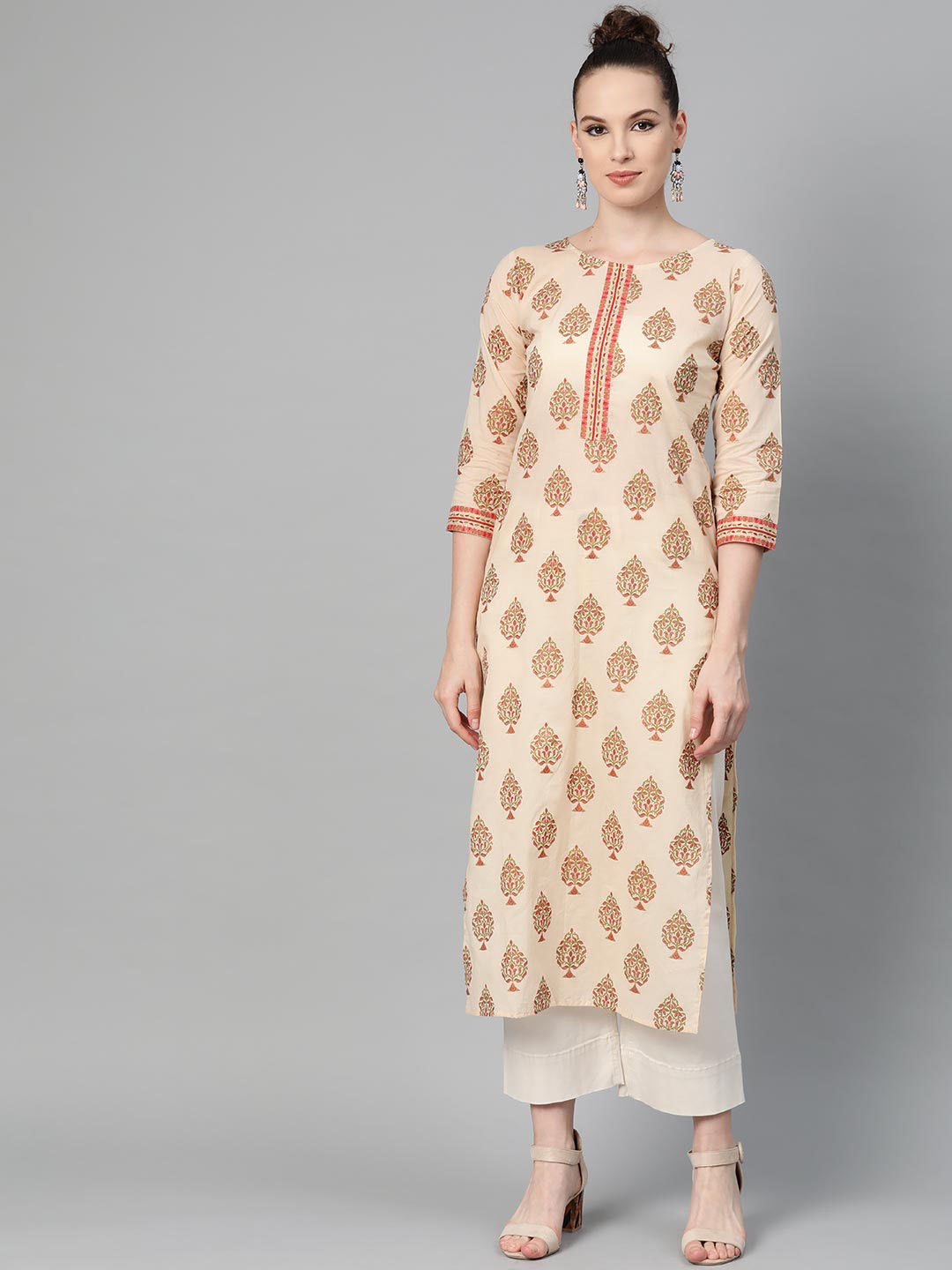 Cream Gold Printed Straight Kurta With Round Neck & 3/4 Sleeves | LASVINI - Redefining Indian Fashion with Elegance