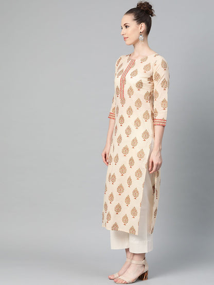 Cream Gold Printed Straight Kurta With Round Neck & 3/4 Sleeves | LASVINI - Redefining Indian Fashion with Elegance