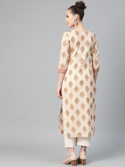 Cream Gold Printed Straight Kurta With Round Neck & 3/4 Sleeves | LASVINI - Redefining Indian Fashion with Elegance