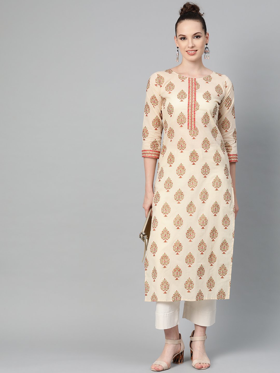 Cream Gold Printed Straight Kurta With Round Neck & 3/4 Sleeves | LASVINI - Redefining Indian Fashion with Elegance